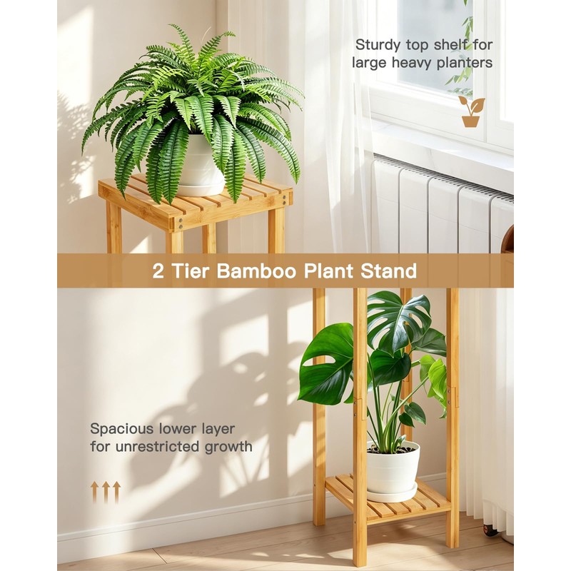 Ufine Bamboo 2-Tier Square Plant Stand, 30 Inch Tall Plant