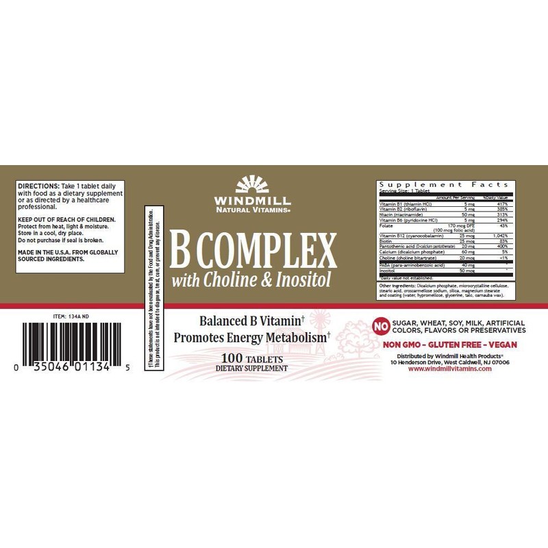 Windmill B-Complex with Choline & Inositol Tablets Dietary Supplement 100