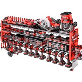 Shomextol 49.8" W Large Power Tool Organizer Wall Mount, Heavy Duty Tool Organizer with 14 cordless Drill Holder, 4 Layers Garage Organization and Storage Rack, Tool Rack for Garage Workshop, Red