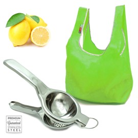 Ecojeannie Professional Super Jumbo Stainless Steel Lemon Squeezer / Citrus Juicer & Ecojeannie Super-Strong Ripstop Nylon Foldable Reusable Bag Tote Grocery Shopping Bag With Built-In Pouch