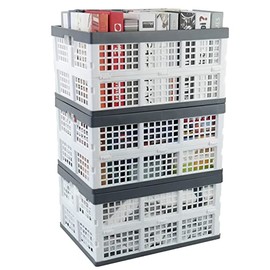 Minekkyes Set of 3 Large Plastic Folding Utility Basket, Collapsible Storage Crate, 30 L