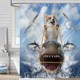 Hnmdmyi Funny Shower Curtain, 180 x 200 cm, Cool Dog Riding Shark Shower Curtains, Ocean Sea Waves Seagull Fish Blue Cute Kids Boys Bath Curtain Waterproof Fabric Washable Bath Curtain