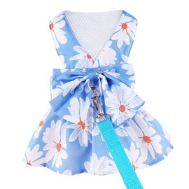 Small Dog Harness Dress Bow Female Dog Clothes Print Flower Girl Dog Harness Dresses Puppy Outfits with Leash Set Summer Cat Princess Pet Dresses, Blue S