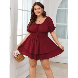 SCOMCHIC Women Plus Size Romper Dress Summer Short Jumpsuit Square Neck Puff Sleeve High Waist Ruffle Boho Jumpsuits