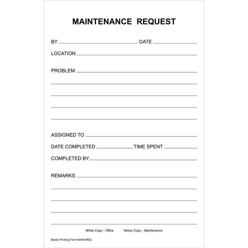Maintenance Request Forms on 2 Part Carbonless Paper (Pack of
