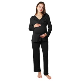 OCCIENTEC Women's Ultra Soft Maternity Pajamas Set Nursing Nightwear for Breastfeeding 2pcs Pregnancy Sleepwear for Hospital (Black,S)