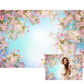 Renaiss 7x5ft Pink Floral Backdrop Romantic Cherry Blossom Blue Sky Sunshine Nature Scenery Polyester Photography Background for Wedding Kids Baby Birthday Party Decor Photo Props