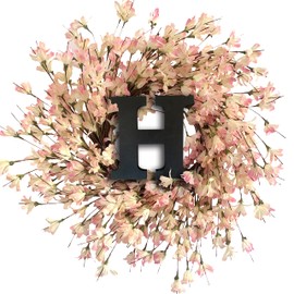 24 Inch Winter Spring Front Door Wreath Pink Forsythia Door Wreath with “H”Letter Sign Blossom Cluster Flower Farmhouse Wreath on Grapevine for Festival Celebration Front Door Wall Window Home Decor