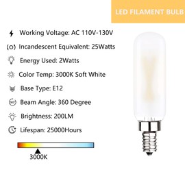 Sunaiony Dimmable T6 LED Bulb 25W Candelabra 2W E12 Edison Light Bulbs Soft White 3000K, T25 Mini Tubular Frosted Glass LED Filament Chandelier Light Bulbs, 12 Pack