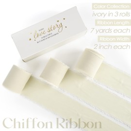MEEDEE Ivory Chiffon Ribbon 2 Inch Frayed Ribbon Fringe Chiffon Ribbon Cream Chiffon Ribbon for Crafts Silk Chiffon Ribbon for Gift Wrapping Wedding Invitation, Bridal Bouquet (3 Rolls 21 Yards)