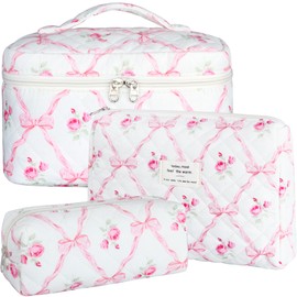 BuyCard Set of 3 Women's Cosmetic Bags with Floral Pattern - Toiletry Bag Makeup Bag Wash Bag Large Portable Makeup Bag for Travel & Everyday Make Up Bag Women Girls, Pink (pink butterfly), Rustic