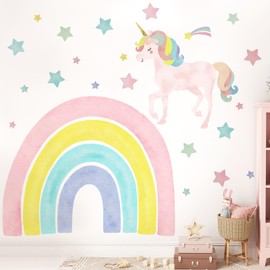 Affrolling Large Rainbow Wall Decals Watercolor Unicorn Wall Stickers with Stars Pastel Rainbow Decor Waterproof Peel and Stick Decals for Walls Girls Bedroom Baby Nursery Classroom Decor 55x 44 in