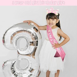 Exacoo 3 Year Old Girl Birthday Gift 3rd Birthday Decorations for Girls Birthday Crown Headband and Sash 3rd Birthday Girl Outfit Pink Glitter Fairy Flower Hair Bow Ice Cream Themed Party Decorations