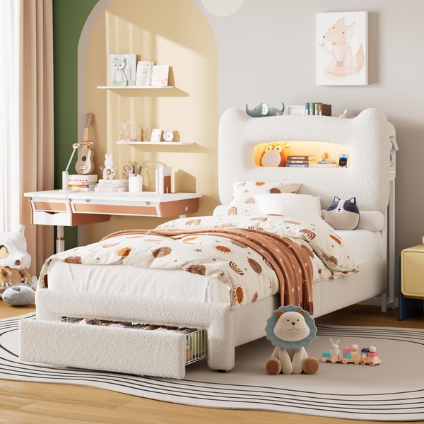 GarveeHome Upholstered Twin Bed Frame with 2-Tier Storage Headboard, LED