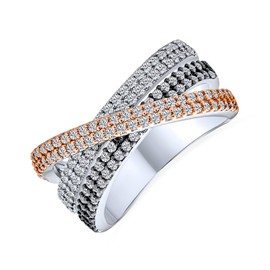 Personalize Tri Color Black White Rose Metal Pave AAA CZ Crossover Criss Cross Faux Stacking Eternity Bands Statement Cocktail Triple Band Rollover Ring or Women Sliver Plated Customizable