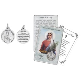 St Lucy Medal - St Lucy Prayer Card, The Lord's Prayer Card - Small Saint Lucia Medal for Men and Women - St Lucy Pendant, Patron Saint of The Blind and Those With Eye Trouble - 3 Items Total