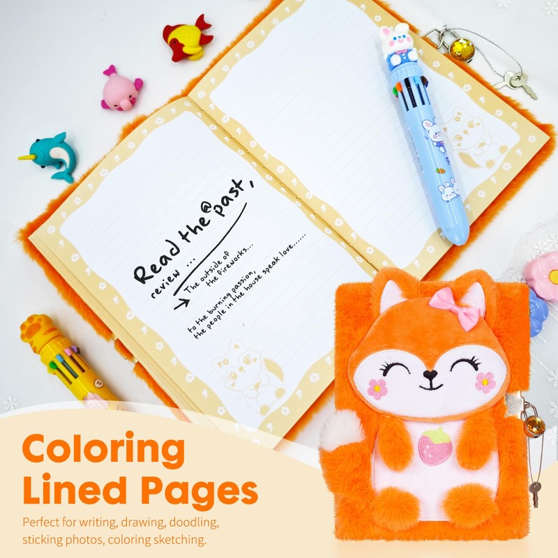 Fox Diary for Girls with Lock, Plush Fox Toys Gift