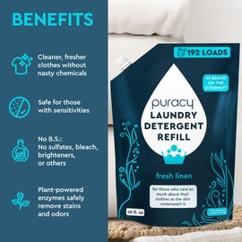 Puracy Laundry Detergent Refill - Enzyme-Powered Liquid Laundry Detergent Concentrate, Natural Laundry Detergent Seen on TikTok, Non-Toxic (Fresh Linen, 48 fl oz, 192 Loads)