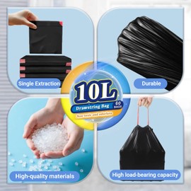 XUXRUS 2.6 Gallon Small Black Bathroom Trash Bags, 60 Count Folded Drawstring Small Garbage Bags, Tear-Resistant & Leak-Proof, Odor Control Liners for Bathroom, Office – Heavy Duty Trash Bags