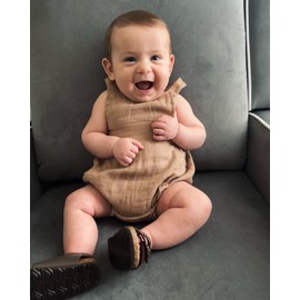 Santikisler Infant Baby Boy Girl Romper Bodysuit Cotton Linen Suspender Overalls Solid Sleeveless Square Neck Summer Outfits (Khaki, 3-6 Months)