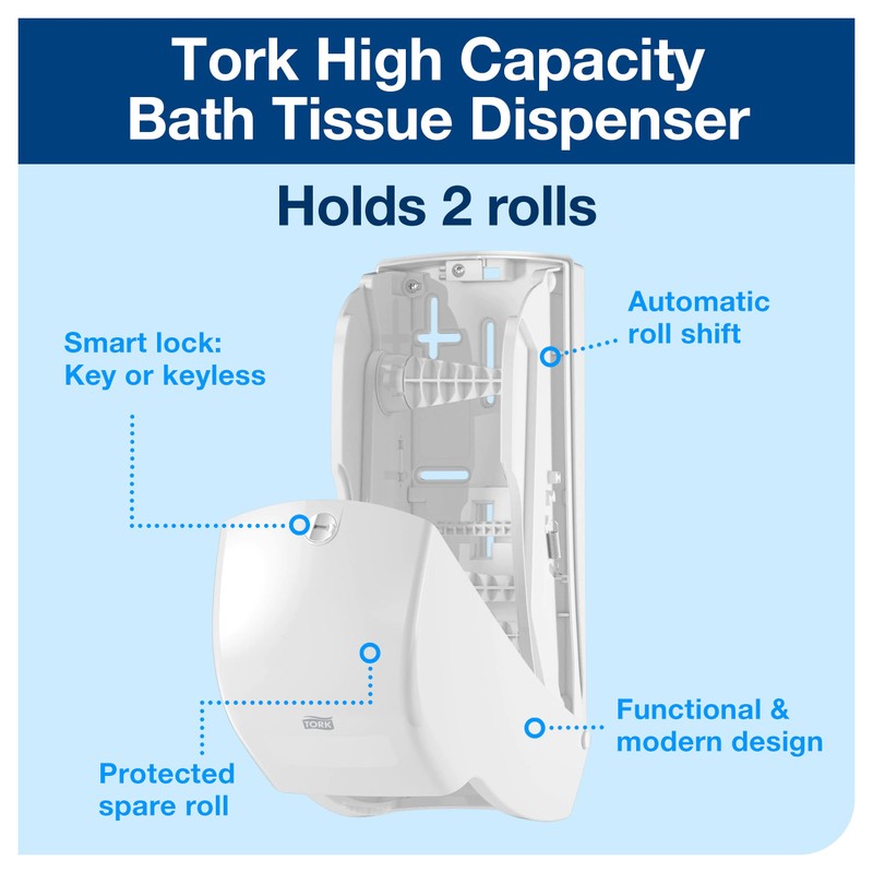 Tork Twin Toilet Paper Roll Dispenser White T26, High Capacity,