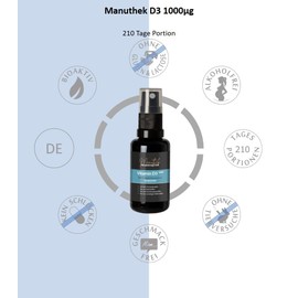 Manuthek Vitamin D3 - Mundspray 1000IE hochbioaktiv - 210 Spr1hst??en - Entwickelt in deutscher Apotheke - alkoholfrei geeignet f1r Schwangere & Kinder - Alternative zu Vitamin D3 Tropfen
