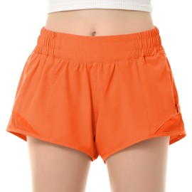 QooNoo Girls Athletic Shorts with Zipper Pocket Lightweight Elastic Waist Running Shorts for Teen Girls Kids Active Sports (Orange,Medium)