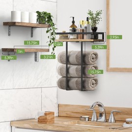 QHMCHLDZ Towel Racks for Bathroom-Wall Mounted Floating Shelves for Wall Bathroom Bedroom Kitchen Living Room, Hanging Book Shelves Decor Bathroom Organizer, 16 inch Solid Wood, Carbonized Wood Color