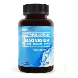 BioEmblem Magnesio Triple 300 mg Glicinato Malato y Citrato para Relajación Energía y Sueño Alta Absorción Vegano Sin OGM 90 Cápsulas