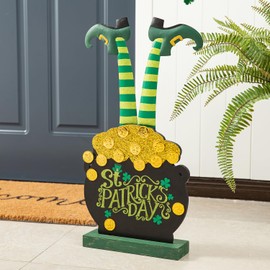 glitzhome St. Patrick's Porch Sign Leprechaun Pot of Gold Porch Decor,Farmhouse Rustic 24"H Wooden Porch Board Welcome Sign for Front Door Porch Deck Patio or Wall Indoor Outdoor and Yard Decor