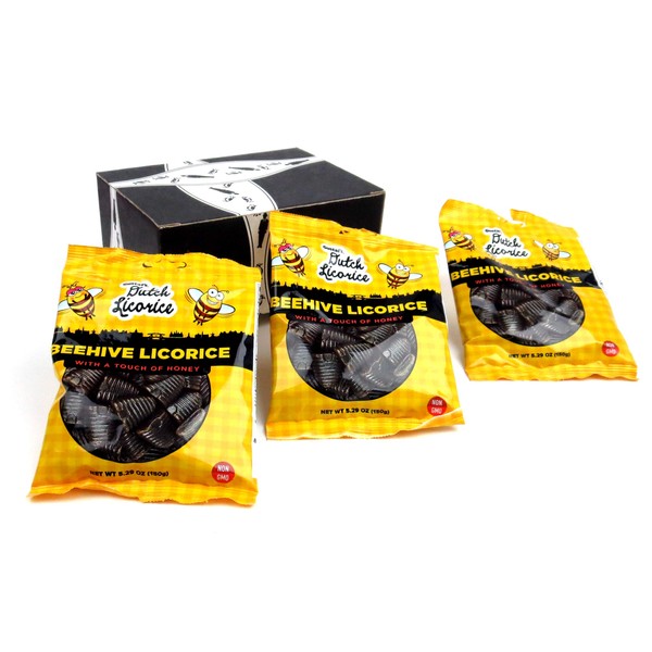 Gustaf's Beehive Licorice, 5.29 oz Bags in a BlackTie Box (Pack of 3)
