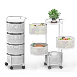 JAQ Rotating Storage Shelves Rack for Kitchen, 4-Tier Multi Layer Removable Basket Shelf Organizer on Rolling Wheels for Fruit Vegetable Grocery Corns Potato Onion (4-Tier, White)