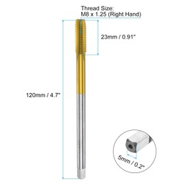 QUARKZMAN Metric Tap M8 x 1.25 H2 120mm Extra Long Titanium Coated High Speed Steel 6542 Straight Groove Thread Cutting Machine Thread Cutting Repair Tool