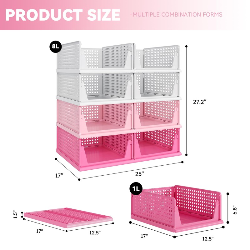 Pink Girl Closet Organizers and Storage Stackable Plastic Drawer Basket