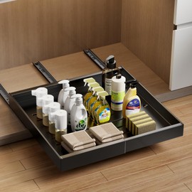 MUSTORN 2 Pack Pull Out Cabinet Organizer Expandable, 21"Deep Slide Out Drawer for Cabinets Adhesive Pull Out Drawers Heavy Duty Pull Out Shelves for Kitchen, Cupboard, Pantry, Bathroom(Black)