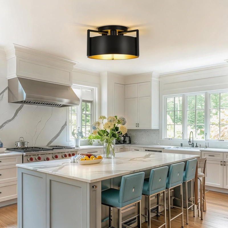 Black Semi Flush Mount Ceiling Light, 15'' Modern Farmhouse Hallway