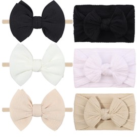 chiduerm 6Pcs Nylon Headbands Hair Bows for Baby Girls Handmade Hair Band With Bows Hair Accessories for Newborn Baby Infant Toddler Kids (6pcs black white beige, mid)