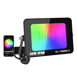 SKYWORLD 30W Smart LED RGB Spotlight, Remote Control & Bluetooth App Color-Changing Flood Light for Backyard, Garden, Garage (1-Pack)