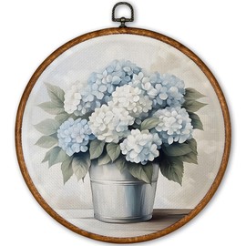 TLESKE Vintage Blue Hydrangea Flower Round Wall Art Decor Framed 10x10, Floral Canvas Wall Art Prints Artwork, Rustic Wall Hanging Room Door Decor Decorations for Bedroom Living Room Bathroom