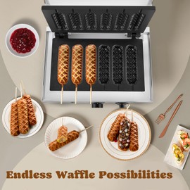 Moongiantgo Commercial Corn Dog Waffle Maker Machine 6 PCS 1550W Waffles on a Stick Maker Stainless Steel, 50-300℃ Temp Control, 5-min Timer Waffle Dog Maker 110V(White)