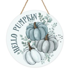 Bolisom Teal Fall Hello Pumpkin Front Door Sign, Blue Autumn Thanksgiving Wildflower Leaves Wood Hanger Outdoor Outside Porch Home Decor, Seasonal Wooden Wreath Indoor Wall Hanging Decoration