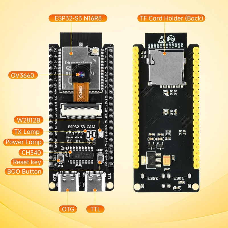 ESP32-S3-CAM Development Board with OV3660 Camera, 16MB Flash 8MB PSRAM