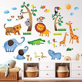 DECOWALL DW-1206 Jungle Animals Kids Wall Stickers Cartoon Safari Giraffe Tree Monkey Decals Removable Nursery Bedroom Living Room Playroom Art Decor Decoration