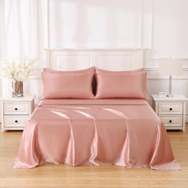 Sleeplite 4 Piece Luxury Satin Bed Sheets Set with Pillowcases - Ultra Soft & Silky, Hypoallergenic & Wrinkle-Free, Hotel Quality Comfort Bedding, Size Queen, Dusty Rose