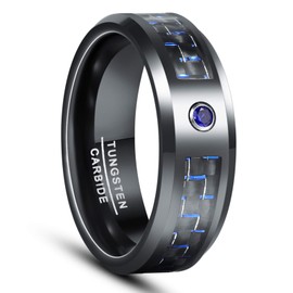 CHALAIR 8mm Black Tungsten Wedding Ring for Men Women Blue and Black Carbon Fiber Band with Zircon Inlaid 8mm Comfort Fit Size O