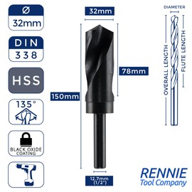 Rennie Tool - 32mm HSS Blacksmith Drill Bit/Reduced Shank Drill