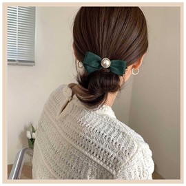 Andelaisi Vintage Satin Bow Hair Barrettes Green Velvet Satin Bow Hair Clips Winter Ribbon Bow Headclip Barrette French Pearl Bowknot Hairclip Decorative Hair Accessories for Women and Girls Headdress