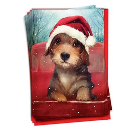 NobleWorks Santa Hat Puppies - Red Truck: Artistic Merry Christmas Greeting Card - Dogs - Terrier (Pack of 12)