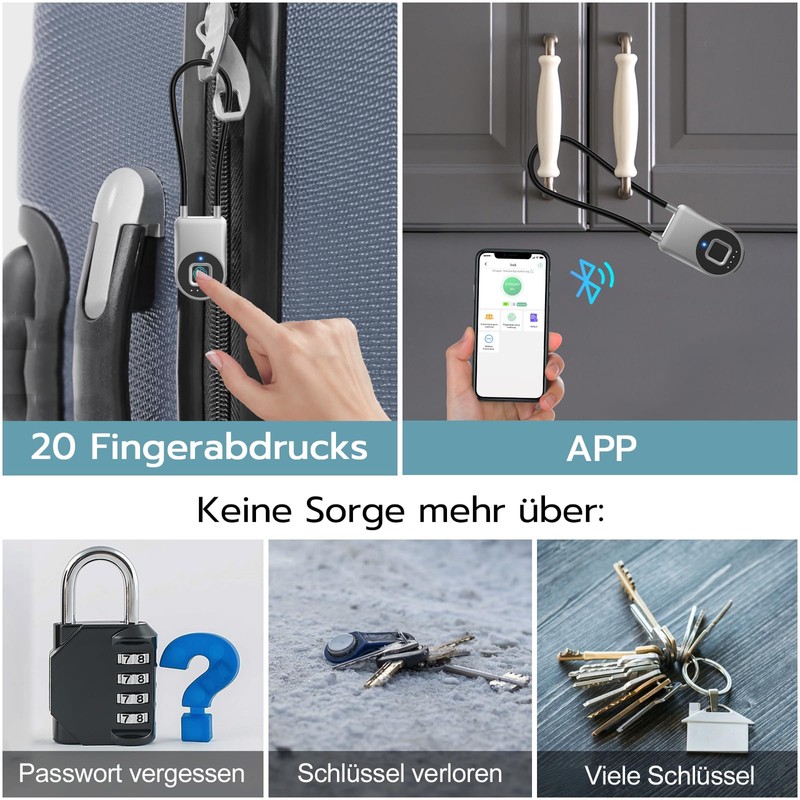Eseesmart Fingerprint Padlock, Cable Lock, Fingerprint with App, 35.6 cm
