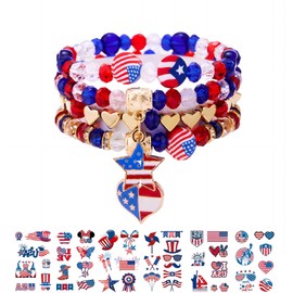 4th Of July Bracelets For Women, Red White And Blue Bracelets With 6 Sheets Fourth Of July Stickers For Independence Day, July 4th, Memorial Day Decorations